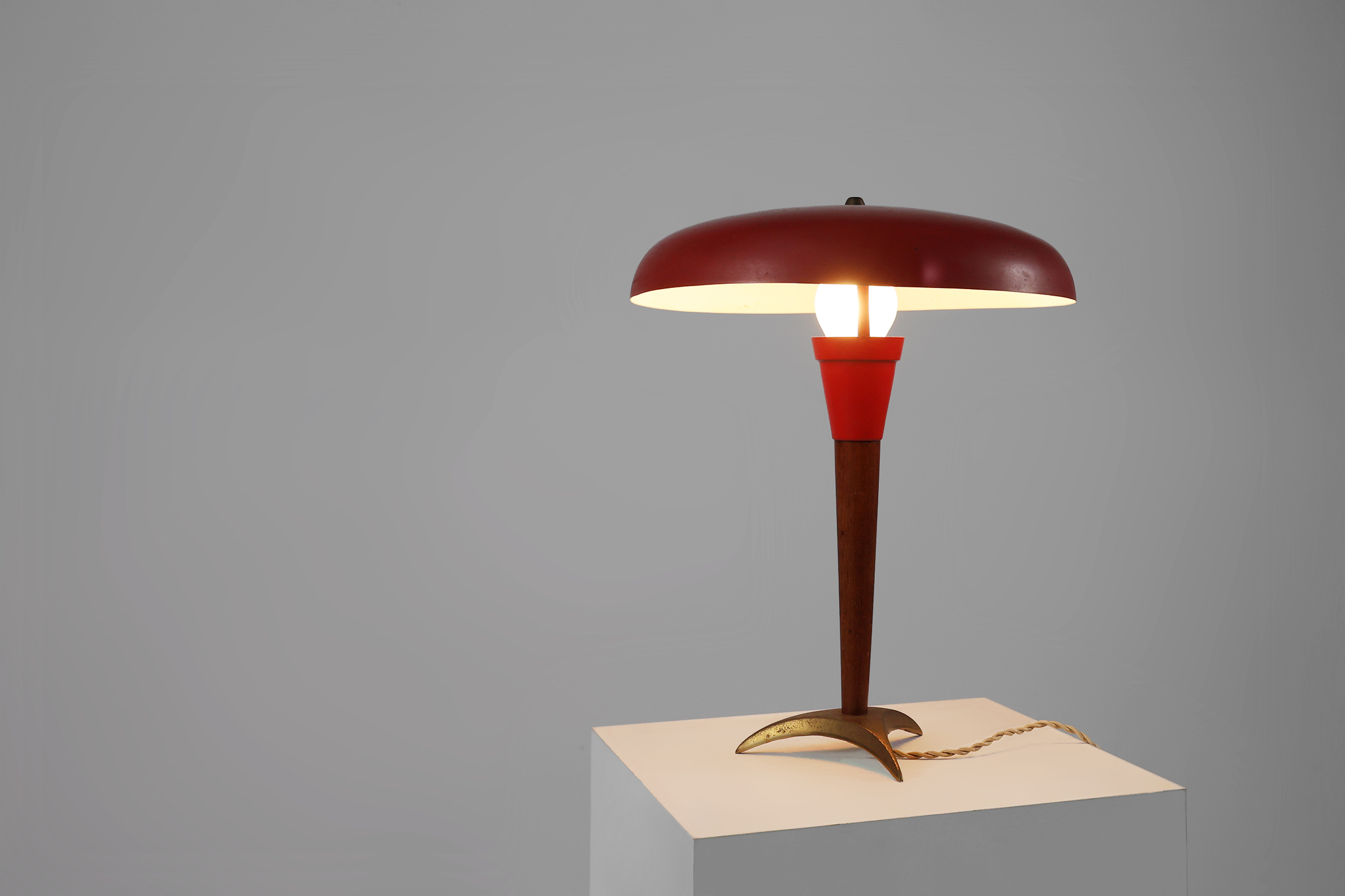 Mid-century fifties red desk lamp in metal, brass and teak wood, France thumbnail